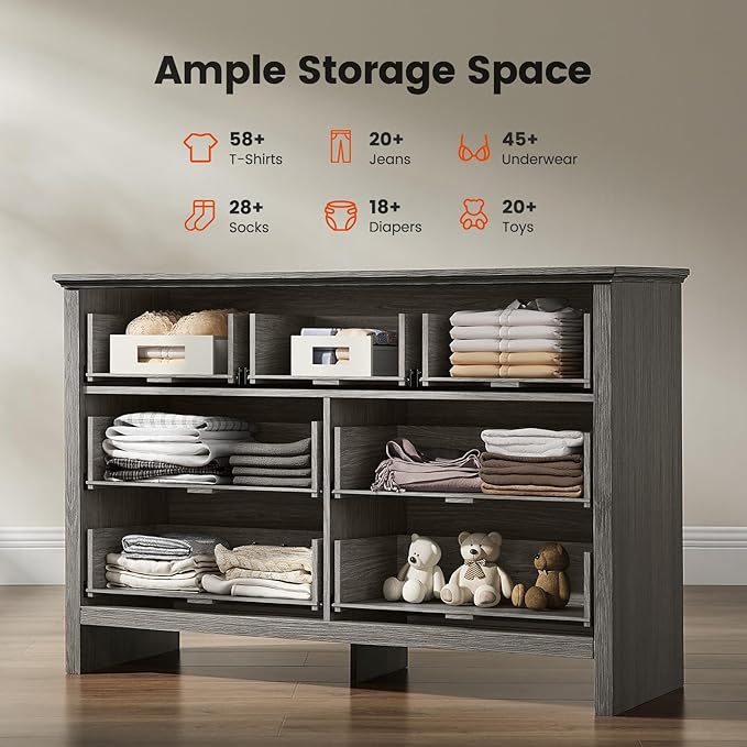 Amada Farmhouse 7 Drawer Dresser for Bedroom, 47.2 Inch Wide Wood Dresser with Natural Texture, Large Drawers, Rustic Farmhouse Chest of Drawers for Bedroom, Living Room, Hallway, Gray