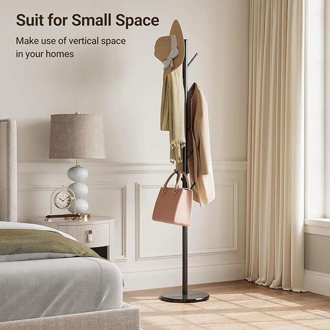 ELYKEN Coat Rack Freestanding with Natural Marble Base, Metal Coat Rack Stand with 10 Hooks, 3 Adjustable Size Coat Tree for Bags, Clothes, and Hats for Entryway, Bedroom, Hallway, Office, Black