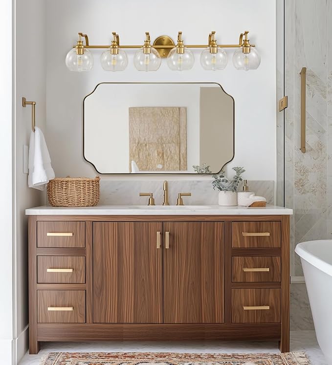 ANDY STAR 6-Light Brass Vanity Light, Large Gold Bathroom Light Fixtures, Modern Vanity Lights with Clear Globe Glass Shades, Anti-Rust Bathroom Lighting with Curved Arm for Mirror