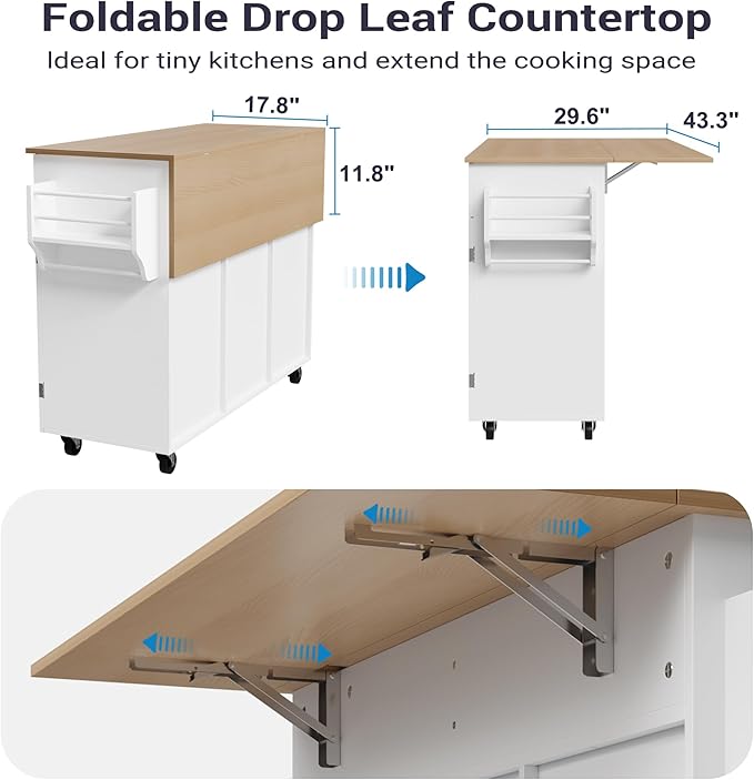 Kitchen Island On Wheels, Rolling Kitchen Island Cart with Drop Leaf and 2 Drawers, Mobile Kitchen Table Storage Cabinet with Tower Rack and Spice Rack for Dining Room, Kitchen, White