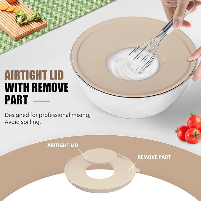 7-Piece Stainless Steel Mixing Bowls Set with Lids & 3 Grater Attachments – Size 4.5, 4, 3.5, 2.1, 1.5, 1.1, 0.7QT, Kitchen Gadgets Set for Cooking, Baking, and Serving, Khaki