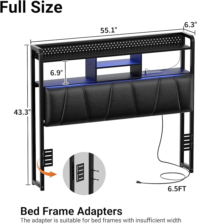 Unikito Headboard for Full Size Bed Frame, Upholstered Head Board with Outlets, USB Ports and LED Light, Comfortable Leather Headboards with Storage Shelf, Sturdy Full Bed Headboard Only, Black