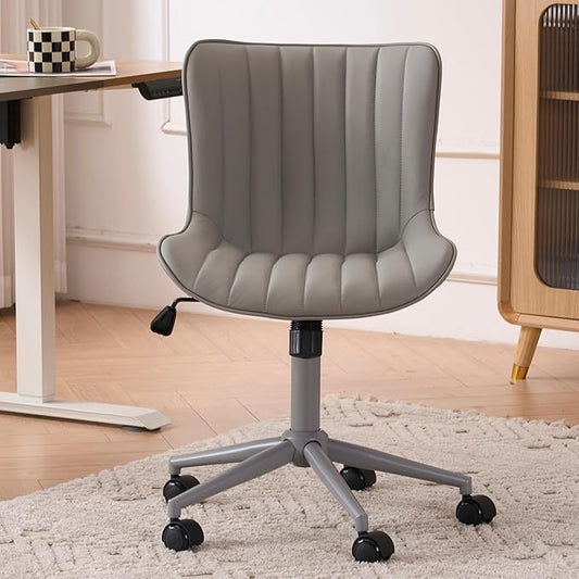 YOUNIKE Home Office Desk Chair with Wheels Armless Vanity Chair with Back Comfy Modern Leather Upholstered Rolling Task Chair Swivel Small Cute Sewing Chair No Arms Wide Adjustable Ergonomic Grey