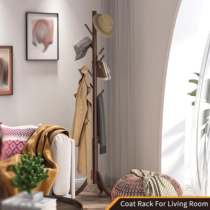 Coat Rack Freestanding, Coat Stands Entryway, Bamboo Coat Rack Hat Hanger 8 Hook for Jacket, Purse, Scarf Rack, Umbrella Tree Stand (Brown)