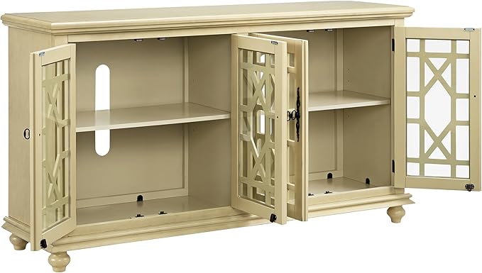 Martin Svensson Home Orsey 63" Solid Wood TV Stand - Antique Cream White Finish - Rustic Style and Parisian Design Inspired - with Two Spacious Cabinets with Adjustable Shelves for Storage.