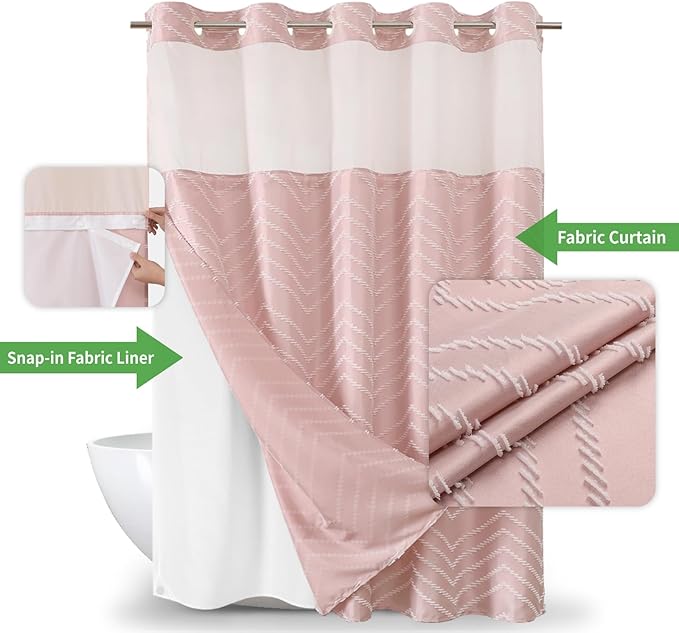 Extra Long Blush Pink No Hook Shower Curtain with Snap-in Liner,Boho White Woven Fabric Tufted Chevron Striped Design,Modern Chic Minimalist Bathroom Curtain,71x86