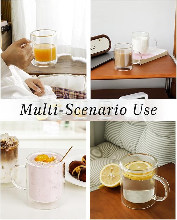 LIBWYS 12oz Double Wall Coffee Mugs (4-Pack) - Insulated Borosilicate Glass Cups with Handle for Espresso, Cappuccino, Latte - Heat Resistant, Dishwasher Safe Hot/Cold Beverage Glasses 350ml