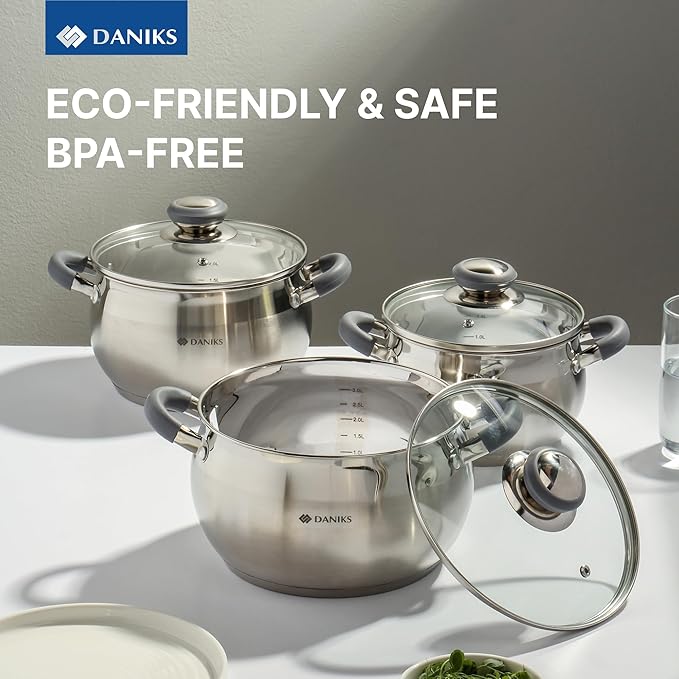 Daniks Modern Stainless Steel Stock Pot with Glass Lid – Induction 3 Quart, Dishwasher Safe, Heatproof Handles, For Soup, Pasta, Stew, Silver
