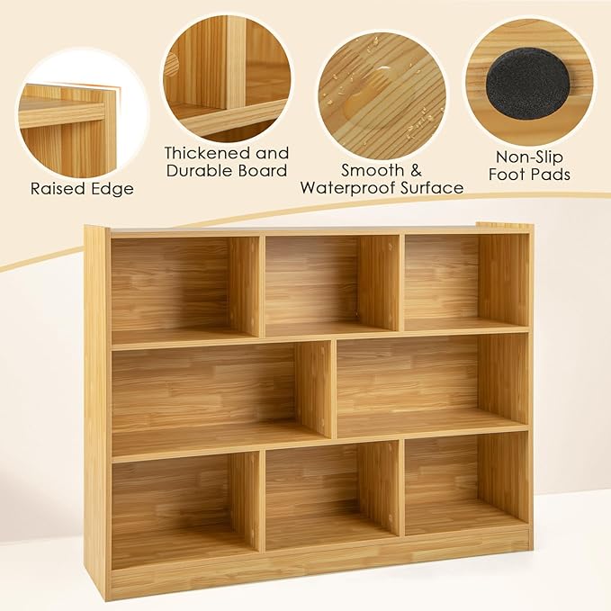 Toy Storage Organizer, 3-Tier Kids Bookshelf, 8 Cube Kids' Bookcases, Cabinets & Shelves, Wooden Toy Organizers, Small Book Shelf for Bedroom, Playroom, Classroom, Nursery (Burlywood)