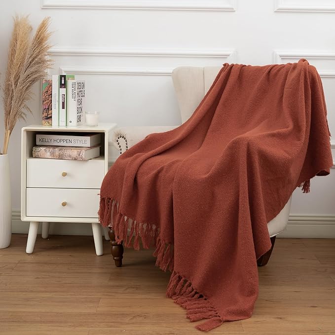 Gealaek Fall Throw Blanket Lightweight Fuzzy Soft Cozy Decorative Blankets for Sofa Bed Farmhouse Throw Blanket Burnt Orange with Fringe 50" x 60"