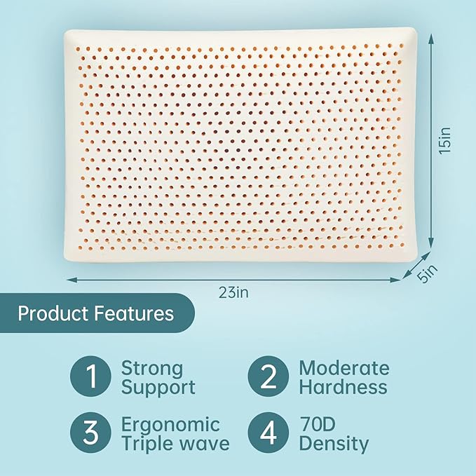Talalay Natural Latex Sleeping Pillow, Medium Firmness Standard Pillow for Side, Back, and Stomach Sleepers to Get a Restful Sleep