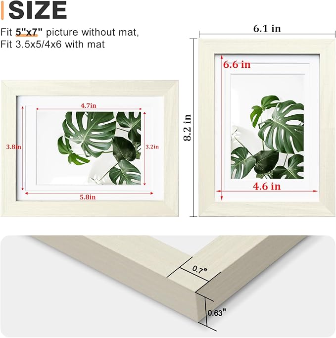 Egofine 5x7 Picture Frame Made of Solid Wood with Plexiglass, Display Pictures 3.5x5/4x6 with Mat or 5x7 Without Mat for Tabletop and Wall Mounting, Beige