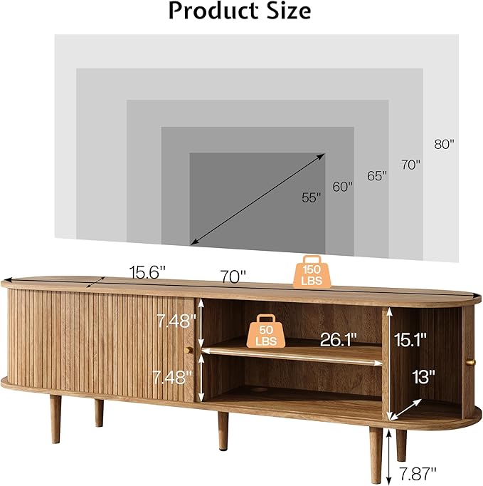 70" TV Stand with Tambour Door, Mid Century Modern TV Console with Solid Wood Legs for TVs up to 80", Fluted Entertainment Center with Dust-Proof Storage for Living Room, Natural Oak