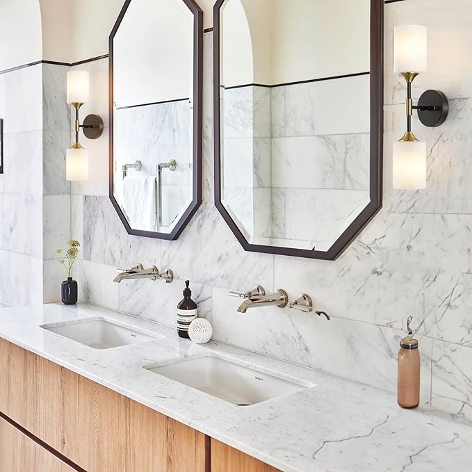 Industrial Mid Century Wall Sconce 2-Lights with White Cylinder Glass Shades Modern Bathroom Vanity Wall Lamp Matte Black and Gold Brushed Brass Finished Wall Light Fixture