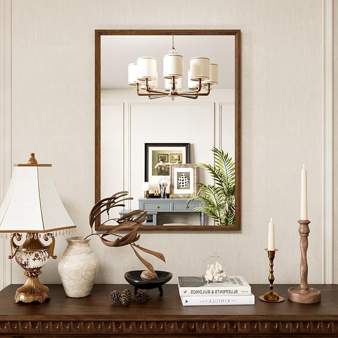 Rectangle Bathroom Mirror 22x30 Inch, Walnut Wood Grain Framed, Anti-Rust & 4mm Tempered Glass, Horizontal/Vertical Hanging Vanity Mirror for Bathroom & Bedroom