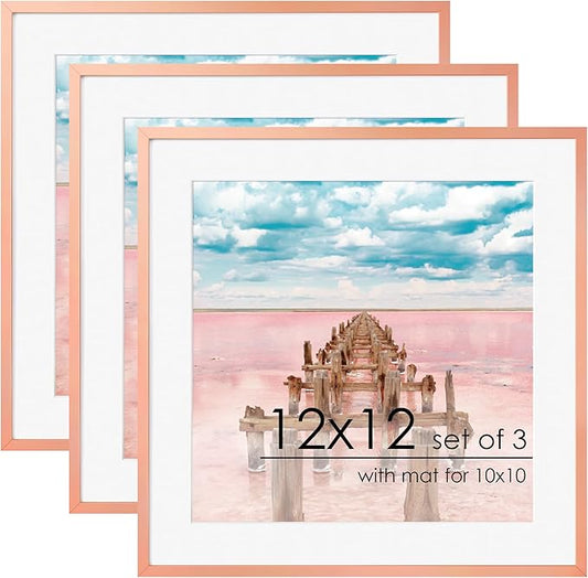 12x12 Frame | Metal Square Picture Frame With Tempered Glass | 12x12 Frame With Mat For 10x10 | Minimalist Modern Poster Frame | Hanging Hardware Included | Rose Gold, 3Pcs