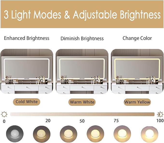 Makeup Vanity Desk with Mirror - 46 INCH Glass Tabletop Vanity Table with Lights, Drawers, Power Outlet, Large Storage Desk for Bedroom, White