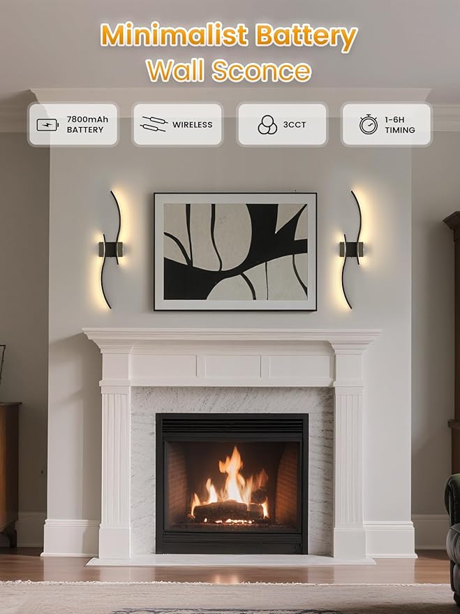 NIORSUN 39.4 Inch Battery Operated Wall Sconce Set of 2, Black Modern Rechargeable Wall Lights with Remote, 3CCT Dimmable Wireless Wall Lamp for Living Room Bedroom Hallway