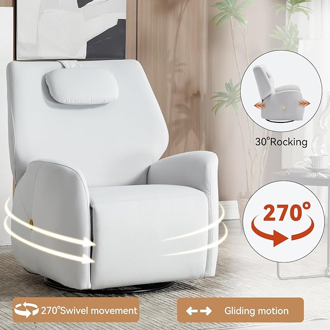 Power Recliner Chairs for Women, 270° Swivel Recliner Rocker Chair with Charging Ports, Reclining Rocking Glider Chair for Nursery, Polyester Fabric White