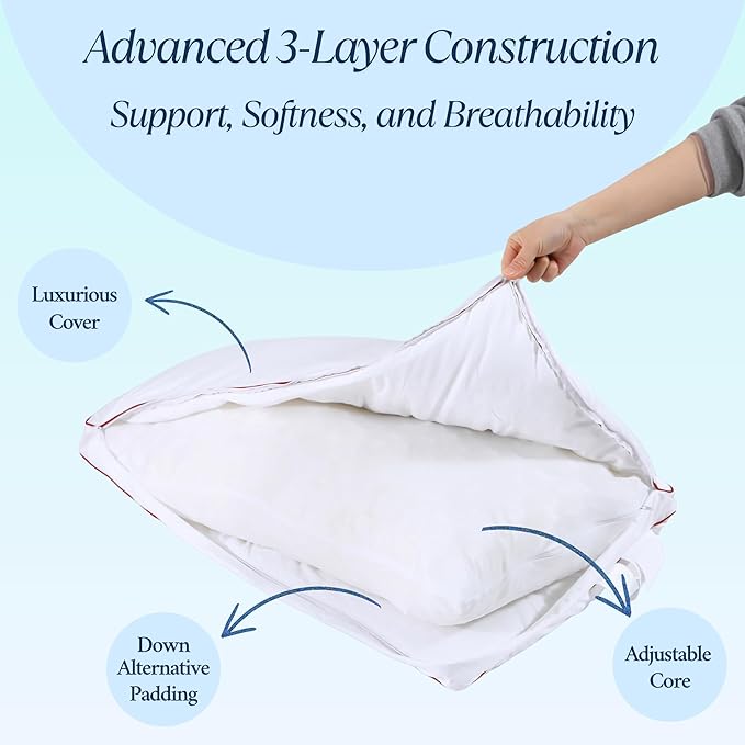 Adjustable Premium Memory Foam Pillow, King Size 34x18 inches, 400 TC Organic Cotton Cover with Down Alternative Plush Padding, Designed for Stomach, Back, & Side Sleepers