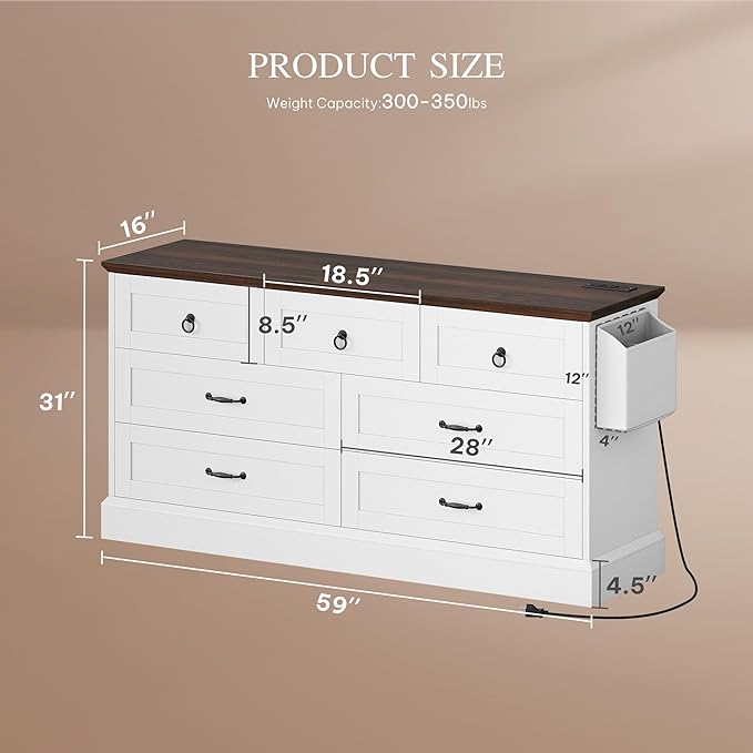 DWVO Farmhouse 7 Drawers Dresser, 59" Wide Wood Rustic Chest of Drawers with Nice Texture, Vintage Design, Storage Dressers Organizer for Living Room, Hallway, White