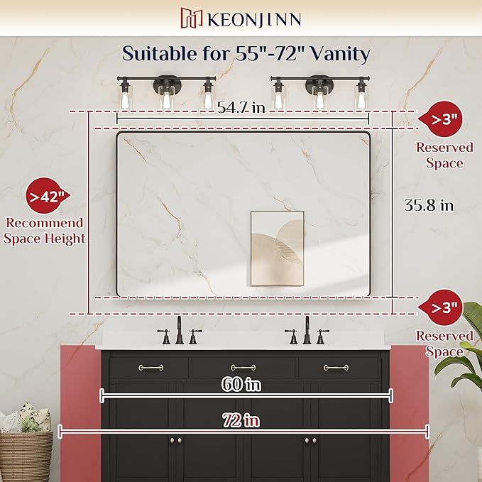 Keonjinn Black Mirror for Bathroom Sink 55 x 36 Inch Large Rounded Rectangle Bathroom Vanity Mirror, Matte Black Farmhouse Mirror, Anti-Rust, Shatter-Proof HD Tempered Glass(Horizontal/Vertical)