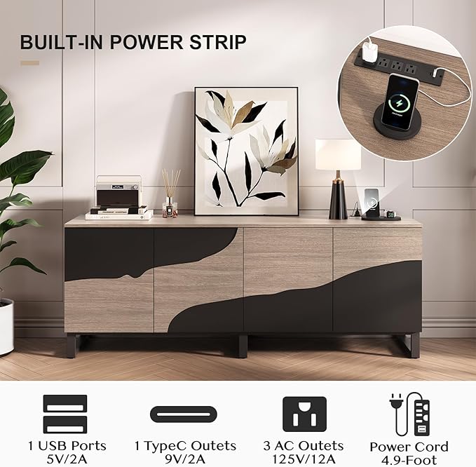 70" TV Stand with Power Outlet, Black Large TV Stands for 75 Inch TV, Entertainment Center TV Cabinet with Storage and Adjustable Shelf, Live Edge TV Console Table for Bedroom Living Room