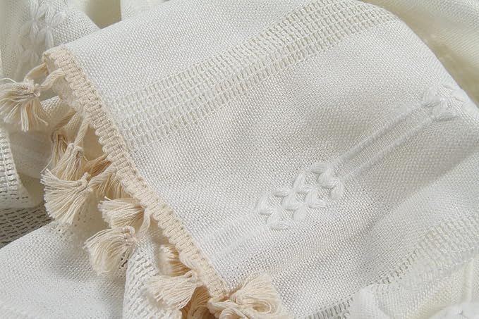 Boho Curtains for Bedroom Embroidery Striped Farmhouse 84 Inches Long 2 Pannels Set White Linen Light Filtering for Living Room Rod Pocket Drapes(52" W x 84" L,White)
