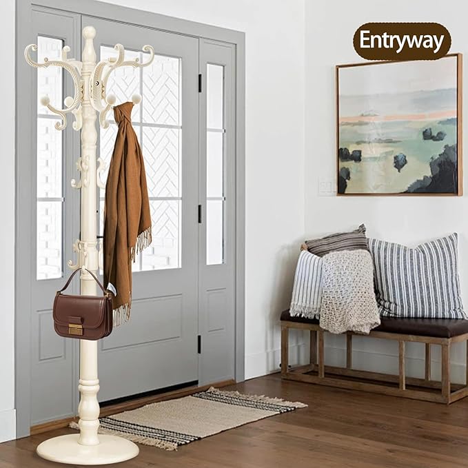 Coat Rack Freestanding, Wooden Coat Tree with Stable Round Base, Vintage Heavy Duty Coat Rack Stand with 14 Hooks, Coat Hanger Stand for Bedroom, Office, Entryway (Ivory)