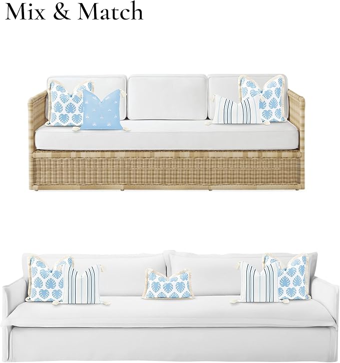 Hofdeco Premium Coastal Hampton Style Patio Indoor Outdoor Pillow Cover Only, 20"x20" Water Resistant for Backyard, Couch, Baby Blue Monstera Leaf Fringe