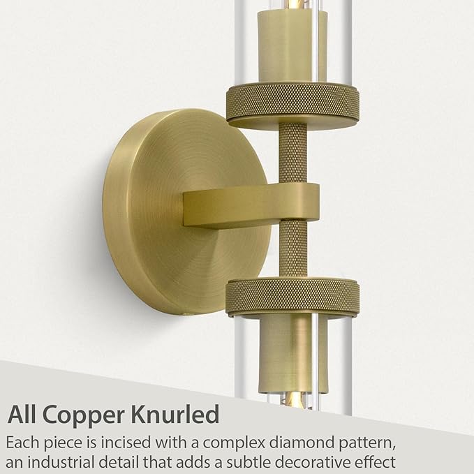 Knurled Brass Wall Sconces Set of Two,21" Sconces Wall Lighting 2-Light, Gold Bathroom Wall Sconces, Glass Vanity Lights, Indoor Wall Sconce for Bathroom,Bedroom, Living Room, Hallway