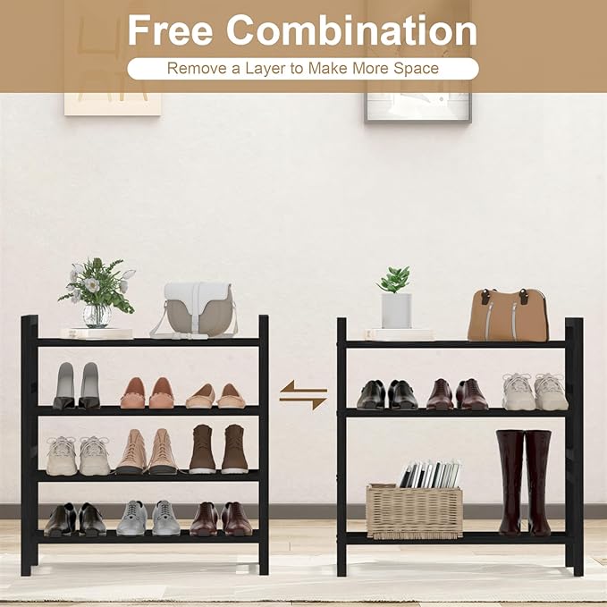 Haddockway Bamboo Shoe Rack for Closet, Free Standing Shoe Organizer with Smooth Round Rods & Convenient Handles, Stackable Shoe Storage Shelf for Entryway, Hallway(Black, 4-Tier(Small))