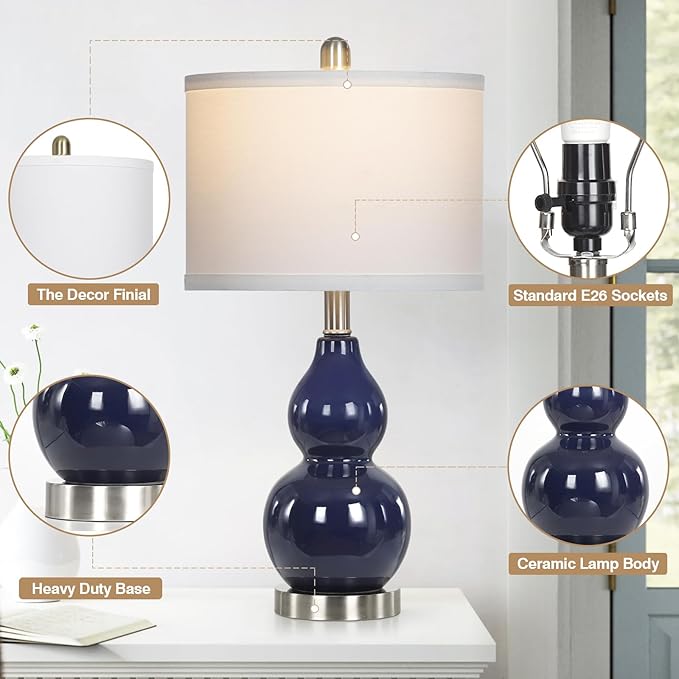 Double Gourd Ceramic Table Lamps Set of 2, Modern Navy Blue Bedside Lamps for Night Stand, Contemporary Nightstand Lamps for Bedroom Living Room (Bulb Included)
