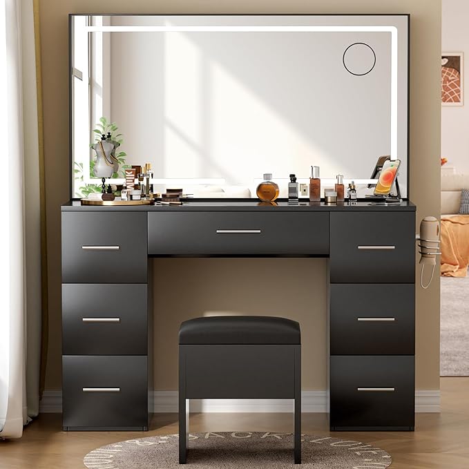 Makeup Vanity Desk with Lights, 46'' Glass Top Vanity Set with Charging Station, 7 Drawers Vanity Table with Cushioned Stool, 3 Lighting Modes Brightness Adjustable,Black