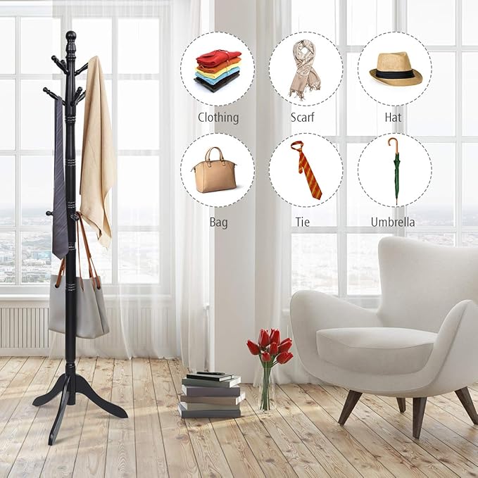 Tangkula Wood Coat Rack Freestanding, Entryway Height Adjustable Coat Stand with 9 Hooks & Stable Tri-Legged Base, Rubber Wood Coat Tree Hall Tree Coat Hanger Stand for Home Office Hall Entryway
