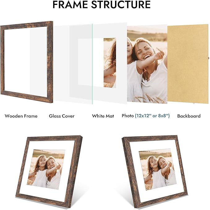 12x12 Picture Frame with Real Glass - 8x8 Wooden Frame with Mat, Horizontal and Vertical Display for Wall or Tabletop (Rustic Brown, 1 Pack)