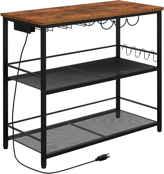 Kitchen Island with 3 Shelves, Kitchen Island with Power Outlet, Kitchens Storage Rack with 4 S Hooks, Microwave Stand Coffee Bar Station for Dining Room, Rustic Brown and Black KIHR92E01