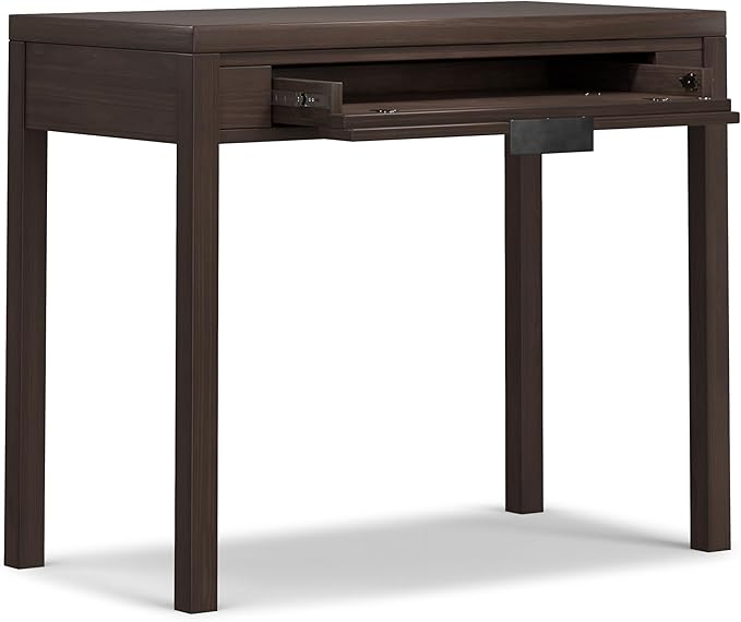 SIMPLIHOME Hollander Small Desk - 38-Inch Wide Solid Wood Writing Desk in Warm Walnut Brown, Contemporary Home Office Computer Table for Study or Compact Space with Flip-Down Keyboard Tray
