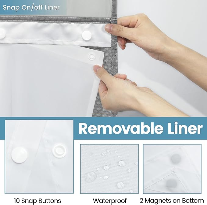 Grey Stall Shower Curtain and Liner Set - 230GSM Waffle Weave Textured Heavy Duty,Hotel Luxury Weighted Bath Curtain,54W x 80H