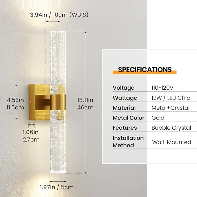 Gold Wall Sconces Set of Two - Modern Crystal Sconces Wall Lighting 12W 4000K LED Wall Sconce Dimmable Indoor Wall Light Fixtures for Bathroom Bedroom Living Room Hallway, 18 Inch