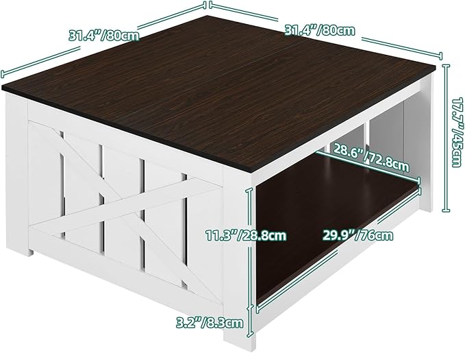 YITAHOME Farmhouse Coffee Table with Storage, 2 Tiers Rustic Wood Cocktail Table, Square Coffee Tables for Living Meeting Room with Half Open Storage Compartment, Deep Brown