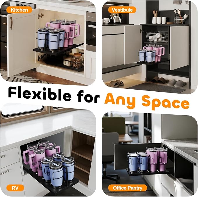 Pull Out Stanley Cup 0rganizer, Tumbler Organizer for Cabinets, Stainless Steel Water Bottle Organizer for 16 to 40oz Cup, Black