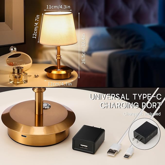 Mini – Cordless LED Table Lamp with Dimmer, Built-in Rechargeable Battery, 3-Level Brightness, Patio Table Lamp, Bedside Night Lamp, Ambient Light for Restaurant(Antique Brass)