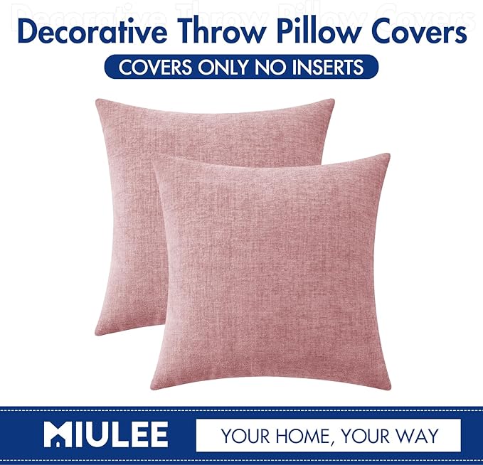 MIULEE Pack of 2 Couch Valentines Throw Pillow Covers 16x16 Inch Soft Spring Blush Pink Chenille Pillow Covers for Sofa Living Room Solid Dyed Pillow Cases