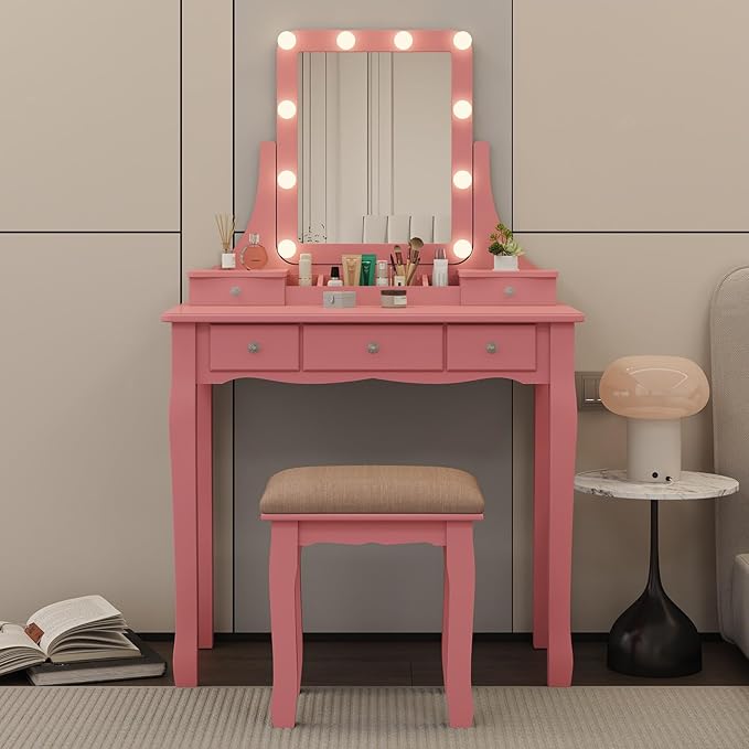 Vanity Desk with Mirror and Lights Makeup Vanity Desk with Lights Pink Vanity Table with Drawers and Chair Make Up Vanity with Lighted Mirror