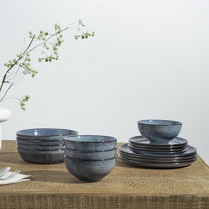 Famiware Moonlight Plates and Bowls Sets, 18 Pieces Stoneware Dinnerware Sets with Linen Finish, Handmade Dishware set for 6, Microwave and Dishwasher Safe, Scratch Resistant Tableware, Dark Blue