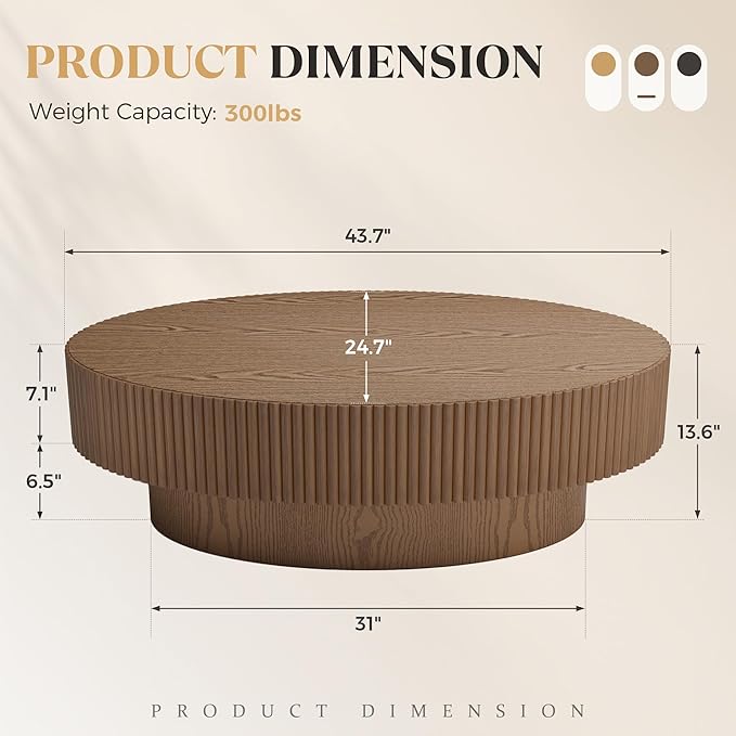 Oval Wood Coffee Table, Modern Fluted Coffee Table for Living Room, Veneer Handcrafted Relief 43.7" Olive-Shaped Tea Table with Sturdy Pedestal，Easy Assembly - Walnut