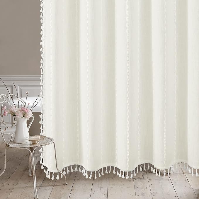 MitoVilla White Shower Curtain 72 x 78, Boho Farmhouse 78 inch Long Polyester Linen Tassel Ultra Thick Heavy Duty Fabric Shower Curtains for Chic Cottagecore French Rustic Bathroom Decor Ivory