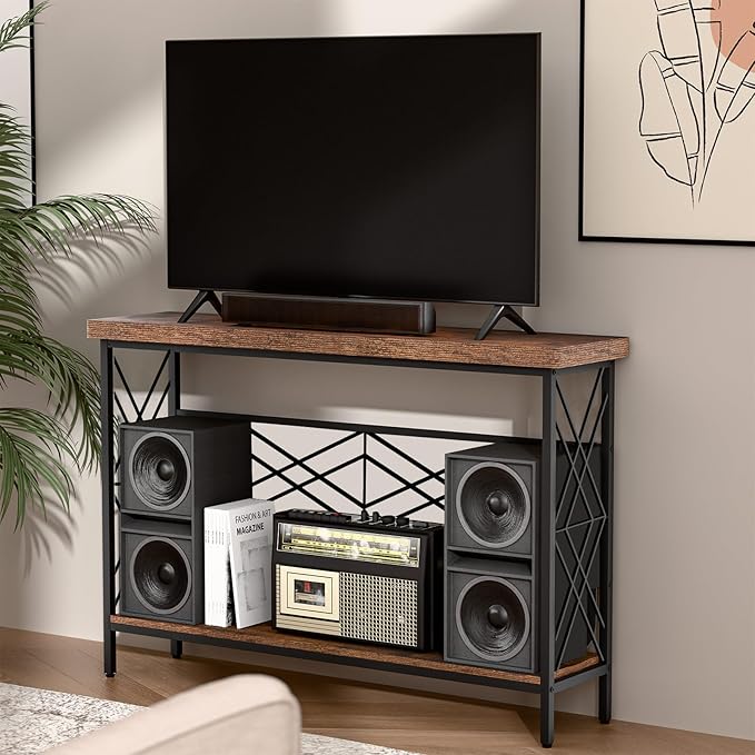 Industrial Console Table for Entryway, Rustic Console Table Behind Couch, 2 Tier Sofa Tables for Home Living Room, Hallway, Entrance, with Metal Frame(48 inches)