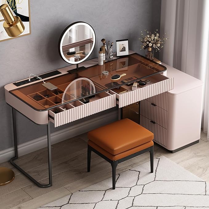 Larits Makeup Vanity with Stool, Very Easy to Assemble, Dressing Table in one, Super Storage with LED Light Vanity Mirror with ash Full Solid Wood upholstered Vanity Stool (Pale Pink, 53 in)